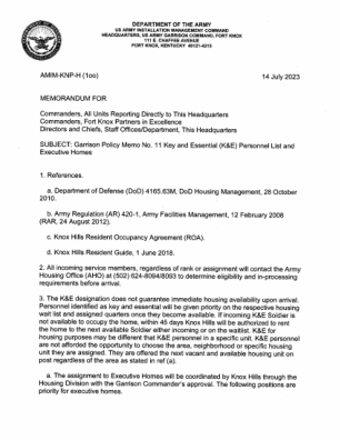 关键和必要 (K&E) 人员名单和行政住宅